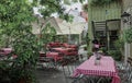 Pretty outdoor beer garden in Rothenburg Germany on the Romantic Road Royalty Free Stock Photo