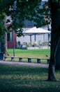 Empty outdoor servering area in park environment during autumn in Lund Sweden Royalty Free Stock Photo