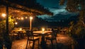 Empty outdoors restaurant or cafÃÂ© with table surreal, dark, mysterious, fantastic on digital art concept, Generative AI