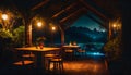 Empty outdoors restaurant or cafÃÂ© with table surreal, dark, mysterious, fantastic on digital art concept, Generative AI
