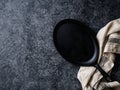 Empty oval cast iron frying pan on dark grey concrete background Royalty Free Stock Photo