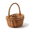 An empty oval-shaped woven wicker basket with a curved handle and intricate braiding on a white background Royalty Free Stock Photo