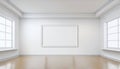Empty painting frame on a white wall in modern minimal interior, visual art mockup. Generative AI illustration Royalty Free Stock Photo