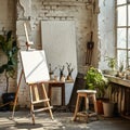 Empty Painting studio, art studio at loft apartment, cozy workplace mockup, clear canvas on easel Royalty Free Stock Photo