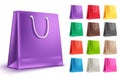 Empty paper bag vector set. Colorful shopping bags in purple