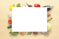 Empty paper on fresh vegetables on kitchen table. Vegetables concept. Free space for text Royalty Free Stock Photo