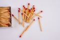 Empty paper matchbox with wooden matches on it