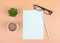 Empty paper with a pen, cup of coffee, eyeglasses and a cactus, brainstorming for new ideas, writing a message, taking a break Royalty Free Stock Photo