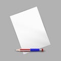 Empty paper sheet and pencil in american flag colors. Ballot paper, US presidential election. Vector illustration