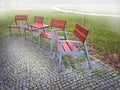 Empty park banches and seats in November. Royalty Free Stock Photo