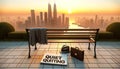 Empty park bench overlooking a serene cityscape at sunset. business hat and a newspaper lay forgotten. Newspapers headline reads Royalty Free Stock Photo