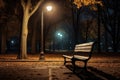 empty park bench under a single illuminated lamp