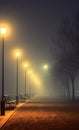 Empty Park Benches at Night With Classic Street Lamps in Foggy Sky Royalty Free Stock Photo