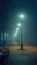 Empty Park Benches at Night With Classic Street Lamps in Foggy Sky Royalty Free Stock Photo