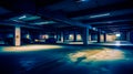 Empty parking garage with blue car parked in the middle of it. Generative AI Royalty Free Stock Photo