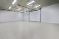 Empty parking garage, warehouse interior with large white gates and gray tile floor Royalty Free Stock Photo