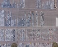 Empty parking lots, aerial view. A lot of cars in the parking lot. Colorful moody drone shoot. Royalty Free Stock Photo