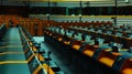 Empty Parliament Hall with Rows of Desks and Voting Devices. Modern government assembly room ready for legislative Royalty Free Stock Photo