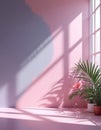 Empty pastel studio with shadows, window light, and flowers. Pink, violet colors. Product placement backdrop, copy space. Modern Royalty Free Stock Photo