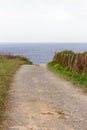 Empty path to the sea. Camino de Santiago concept. Countryside landscape. Trail to the beach along the meadow. Walk and travel.