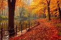 Empty pathway in autumn park, fall landscape, AI Generated