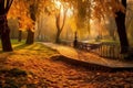 Empty pathway in autumn park, fall landscape, AI Generated