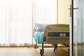 Empty patient bed in room of hospital