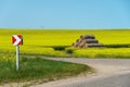 An empty paved road passes by a field with flowering rapeseed. Winding road and road signs. Haystacks on the horizon in the field Royalty Free Stock Photo