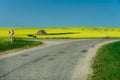 An empty paved road passes by a field with flowering rapeseed. Winding road and road signs. Haystacks on the horizon in the field Royalty Free Stock Photo