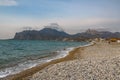 Empty pebble beach in spring. Koktebel. Crimea