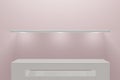 Empty pedestal on light pink. Front view of a minimal room interior concept