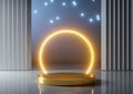 Empty pedestal stage template with glowing circle bihind and glow particles like a stars.