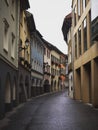 Empty pedestrian streets cobblestone road traditional austrian village old town center Bludenz Vorarlberg Austria Royalty Free Stock Photo