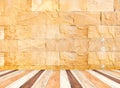 Empty perspective room with sand stone wall and wooden plank flo Royalty Free Stock Photo