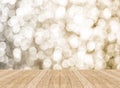 Empty perspective room with sparkling bokeh wall and wooden plan
