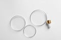 Empty Petri dishes and pipette on white background, flat lay Royalty Free Stock Photo