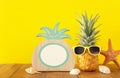 Empty photo frame and funny pineapple with sunglasses. For photography and scrapbook montage Royalty Free Stock Photo