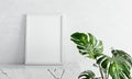 Empty photo frame mockup on white marble table with swiss cheese plant foreground on concrete background. Art and interior home