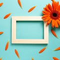 Empty photo frame with orange gerbera daisy flower petals on blue background Royalty Free Stock Photo