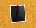 Empty photo frame pinned to a cork notice board with red push pin. Vector. Royalty Free Stock Photo