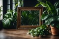 An empty photo frame surrounded by lush indoor plants, adding a touch of greenery to a modern, urban living room