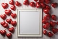 an empty photo frame, surrounded by red love and valentines decoration, mock-up, copy space
