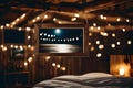 An empty photo frame suspended from a rustic wooden beam on the ceiling in a bedroom adorned with fairy lights