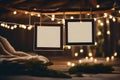 An empty photo frame suspended from a rustic wooden beam on the ceiling in a bedroom adorned with fairy lights