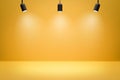 Empty photo studio backdrops and spotlight on yellow room background with showing scene. Yellow display or blank room. 3D