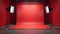 Empty photo studio with red cyclorama background and pro lighting equipment setup. Modern minimalist set for creative shoots and Royalty Free Stock Photo