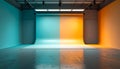Empty Photo Studio Room with Blue and Orange Backdrop and Reflective Floor Royalty Free Stock Photo
