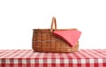 Empty picnic basket on checkered tablecloth