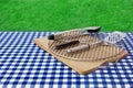 Empty Picnic Table, Checkered Tablecloth, Grid, BBQ Grill Tools Royalty Free Stock Photo