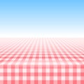 Empty picnic table, covered checkered tablecloth. Royalty Free Stock Photo